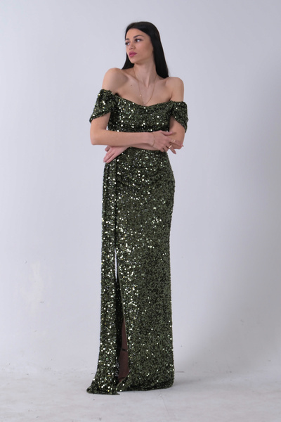 Feminist Drape ve Yırtmaç Detaylı Pul Payet Abiye Haki 9705544