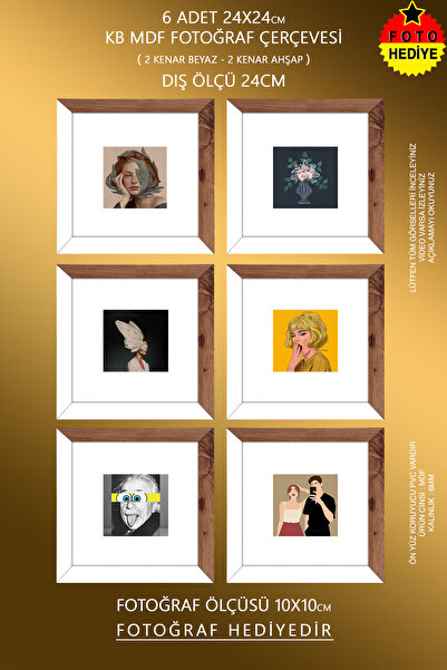 yhfoto 6 Adet 24x24 cm Ahşap-Beyaz Fotoğraf Çerçevesi - 10x10 Foto Hediye - M...