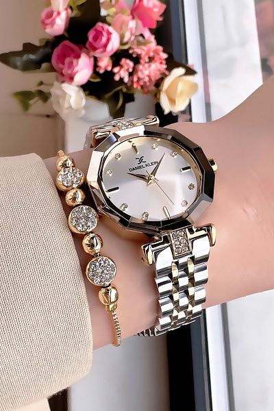 Daniel Klein 3 Atm Waterproof Gold Silver Women's Wristwatch - Steel Cord and Bracelet Gift DKBY2012C2