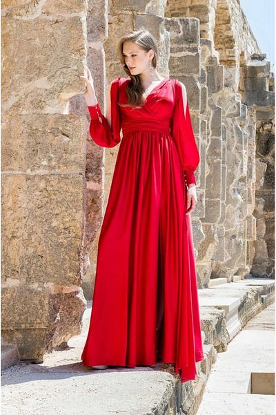 INVIDIA Wrap Neck Long Sleeve Satin Evening Dress