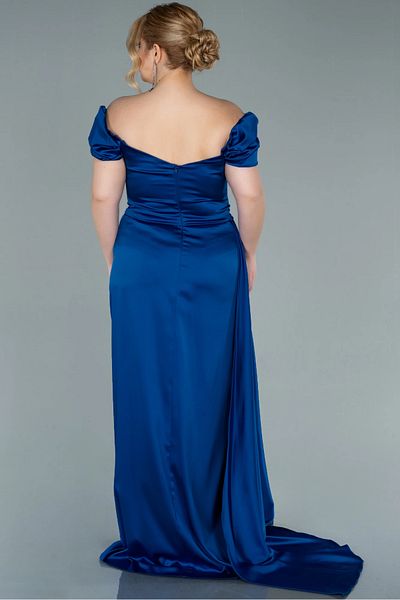 Abiyefon Plus Size Saks Blue Satin Evening Dress - Long Boat Neck and Leg Low Cut, Abu1626