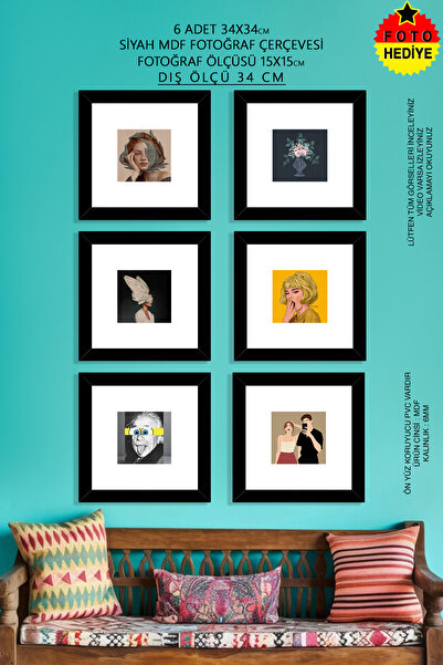 bymat 6 Adet 34x34 cm Siyah Fotoğraf Çerçevesi - 15x15 Foto Hediye - Mdf Çerç...
