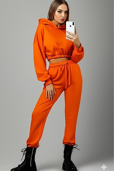 NO 601 Women's Orange Short Crop Tracksuit Set
