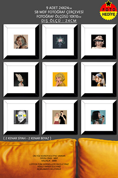 bymat 9 Adet 24x24 cm Siyah-Beyaz Fotoğraf Çerçevesi - 10x10 Foto Hediye - Md...