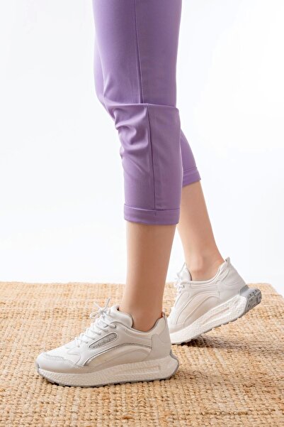 Budi F-307 White Lace-Up Satin Casual Sports Shoes with Stone Accessories