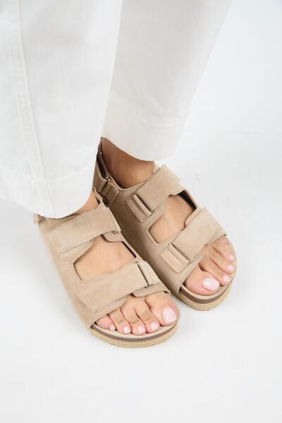 Manijero Emilia Women's Genuine Leather Double Velcro Beige Sandals