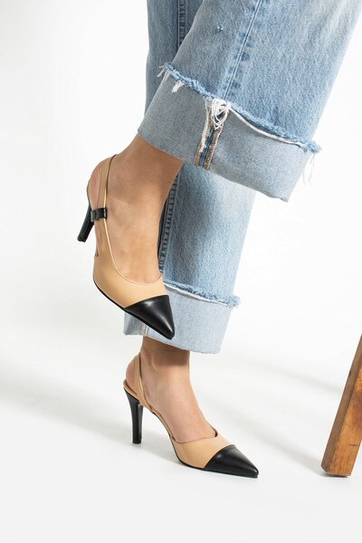 Seniorah Celestia Beige Black Skin Women's Pointed Toe Heeled Shoes