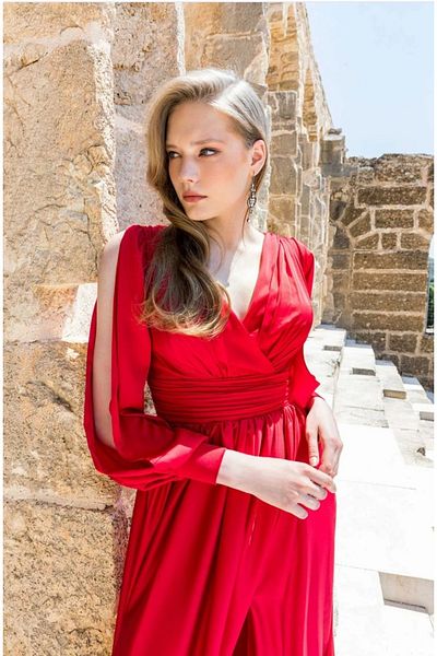 INVIDIA Wrap Neck Long Sleeve Satin Evening Dress