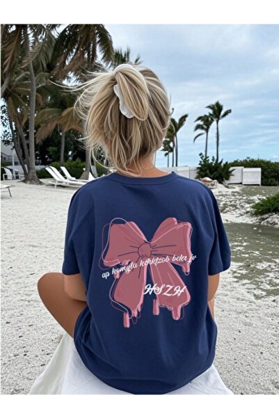 MOONBULL Tricou oversize pentru femei, roz, cu panglică mare și imprimeu pe s...