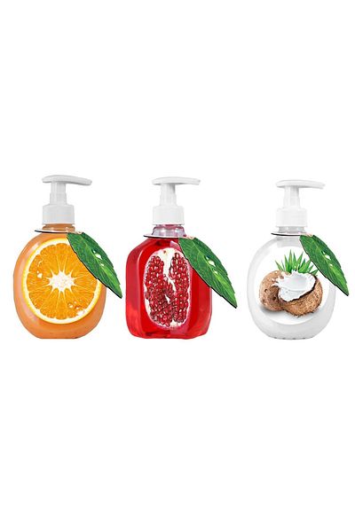 MİSAVON Set of 3, Savelle Liquid Soap, 3 x 375ml, Orange, Pomegranate and Coconut