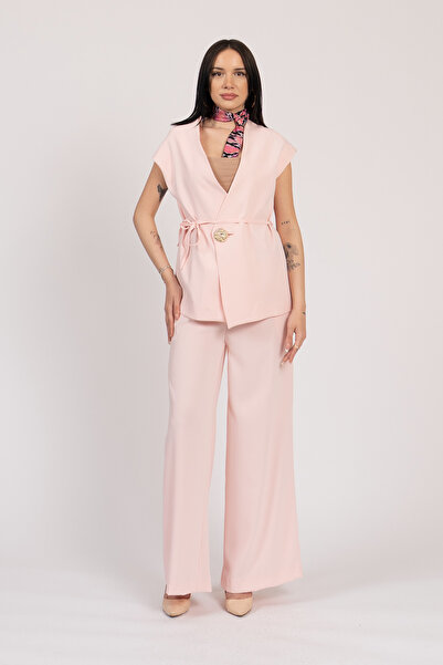 MissVina Σετ παντελόνι με λεπτομέρεια Fleto με δεμένο γιλέκο και ελαστική μέσ...