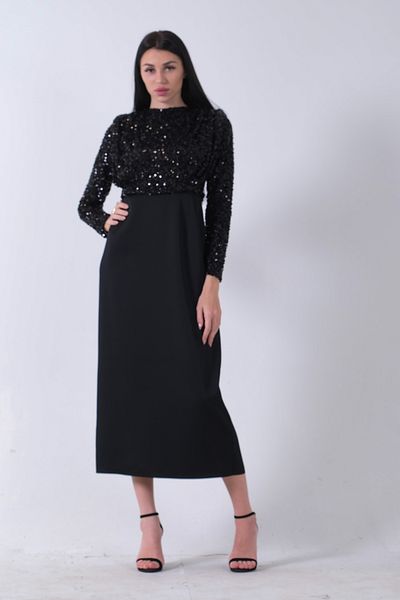 Feminist Black 6502503   Top Sequin Embroidered Six Crepe Hijab Evening Dress