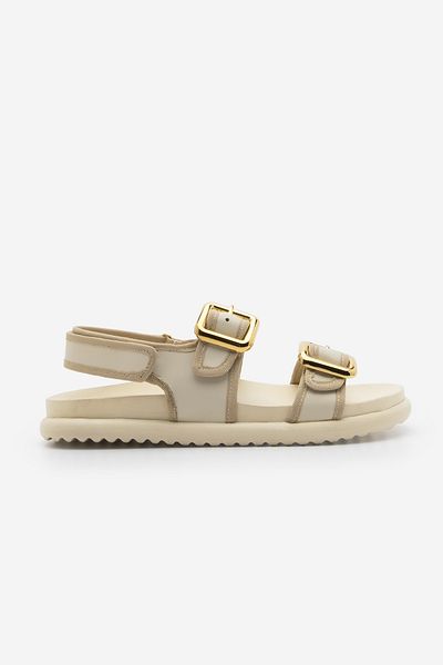 Marjin Women's Genuine Leather Back Velcro Gold Buckle Double Strap Daily Sandals Resun Ecru