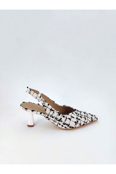 Seniorah Angelle White-Black Linen Women's Heeled Shoes