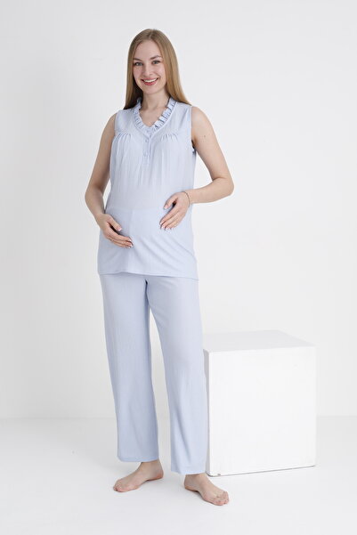 Miss Dünya Lissa Hamile ve Lohusa Fırfır Detaylı V Yaka Emzirmeye Uygun Dokuma Pijama Takımı