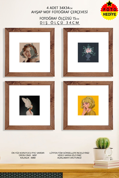 bymat 4 Adet 34x34 cm Ahşap Fotoğraf Çerçevesi - 15x15 Foto Hediye - Mdf Çerç...