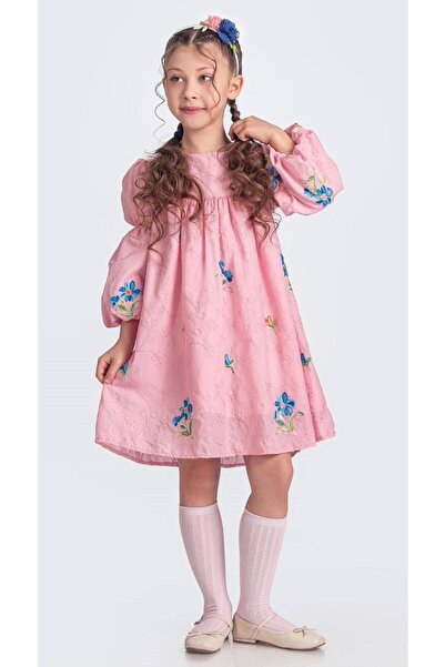 Little Pumpkin Kız Çocuk Çiçek Nakışlı Müslin Bayramlık Elbise