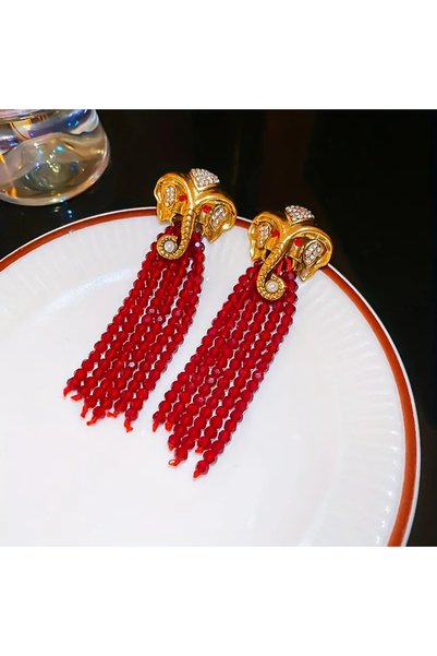 byozanyılmaz Long Red Dangle Earrings with Elephant Figure