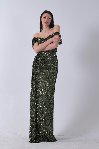 Feminist Drape ve Yırtmaç Detaylı Pul Payet Abiye Haki 9705544