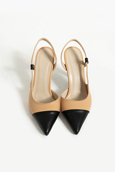 Seniorah Celestia Beige Black Skin Women's Pointed Toe Heeled Shoes