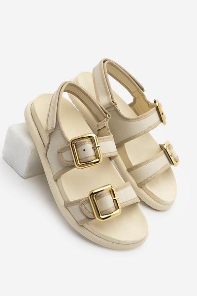 Marjin Women's Genuine Leather Back Velcro Gold Buckle Double Strap Daily Sandals Resun Ecru