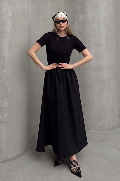 TrendParis Fusta maxi pentru femei, parte din popelin țesut, partea superioară evazată, flexibilă, din viscoză, cu mânecă scurtă, rochie neagră elegantă