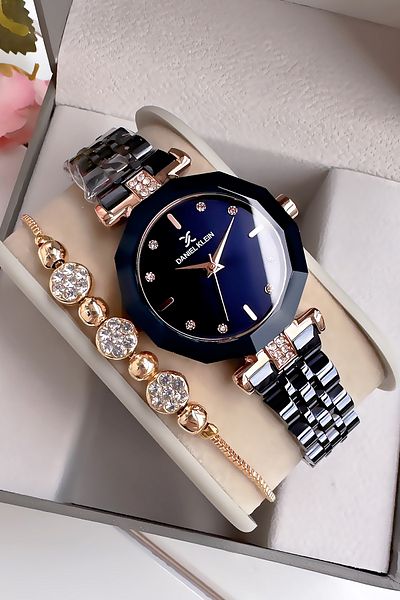 Daniel Klein Rhinestone Cutout Glass Waterproof Women Wristwatch Navy Blue Color Steel Band Gift Bracelet Dkby2038C5