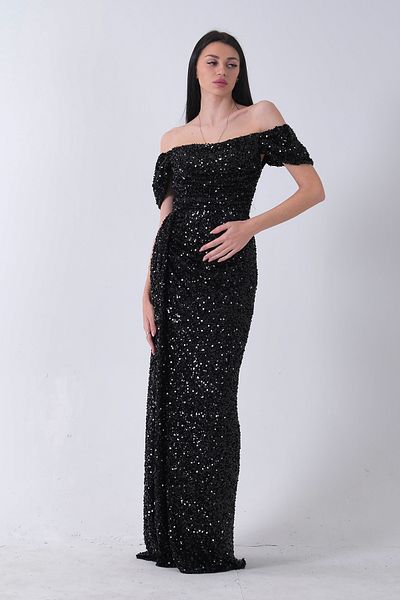 Feminist Black 9705544   Drape and Slit with Detail Detailed Sequin Sequin Evening Dress