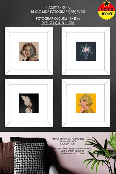 Bytwo 4 Adet 34x34 cm Beyaz Fotoğraf Çerçevesi - 15x15 Foto Hediye - Mdf Çerç...