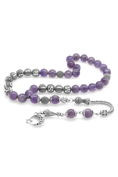 Genel Markalar Kararmaz Metal Püsküllü Küre Kesim Isim Yazılı Ametist Doğaltaş Tesbih