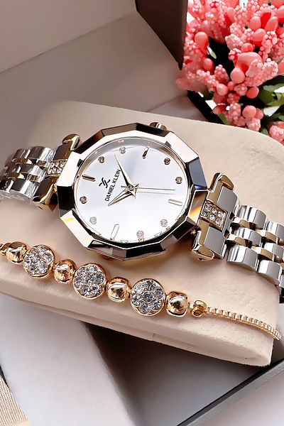 Daniel Klein 3 Atm Waterproof Gold Silver Women's Wristwatch - Steel Cord and Bracelet Gift DKBY2012C2