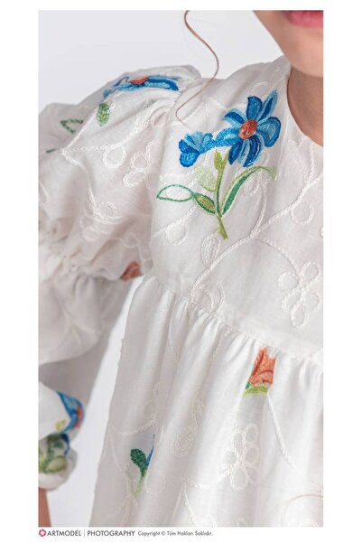 Little Pumpkin Kız Çocuk Çiçek Nakışlı Müslin Bayramlık Elbise