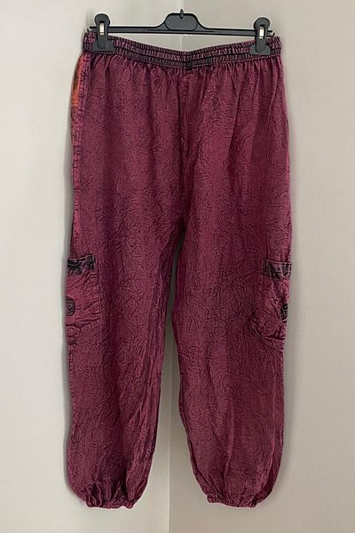 AYASOFYA OTANTIK Unisex Nepalese Burgundy Ethnic Loose Hippie Bohemian Trousers with Elastic Waist and Cuffs and Zipper Pockets