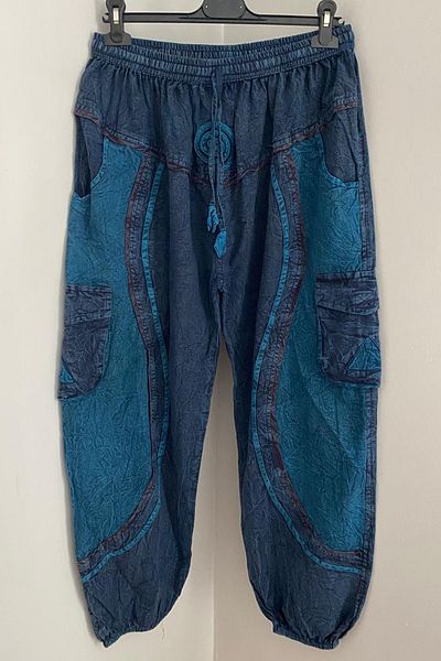 AYASOFYA OTANTIK Unisex Nepalese Blue Ethnic Loose Hippie Bohemian Trousers with Elastic Waist and Legs Cargo Pockets