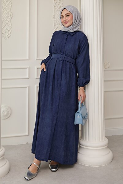 InStyle Shirt Collar Belted Plain Navy Blue Dress