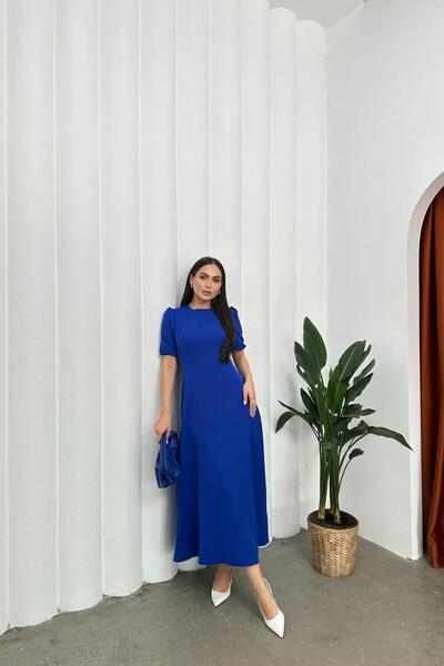 Deafox Saks kék importált krepp szövet görögdinnye ujjú hátul cipzáras midi hosszúságú ruha
