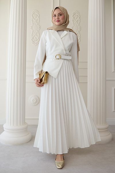InStyle Rochie jachetă albă cu curea plisată