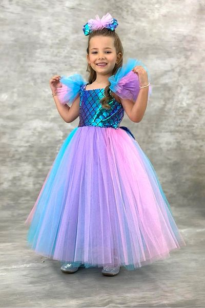 DeKuBaby Super Concept Mermaid Sequin Patterned Girl's Evening Dress-Party-Birthday Costume with Tulle Puffy Skirt
