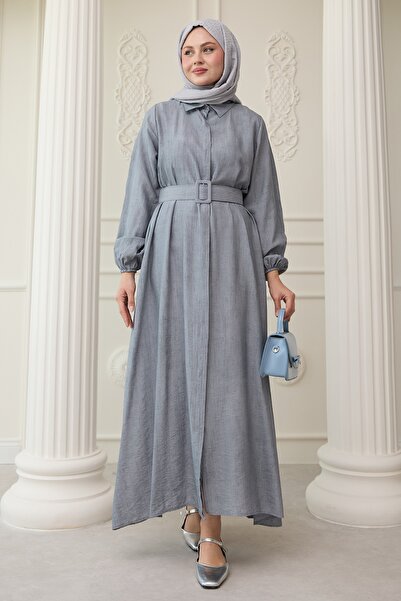InStyle Shirt Collar Belted Plain Gray Dress