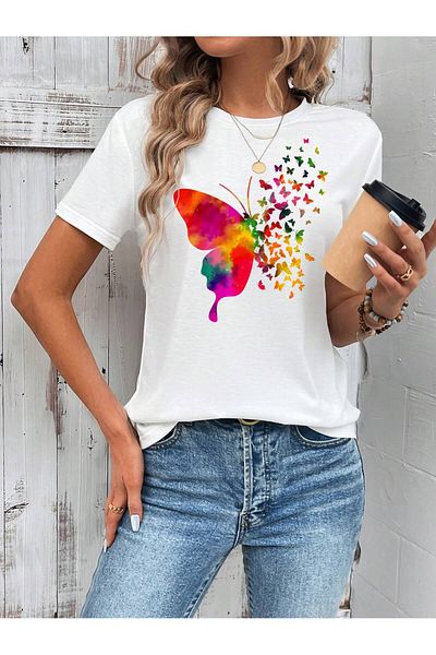 PENTHİLUS Colorful Butterfly Printed Women's Summer T-Shirt