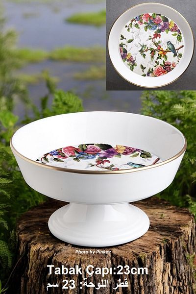 Pinkev Bird Patterned Footed Ceramic Presentation Plate