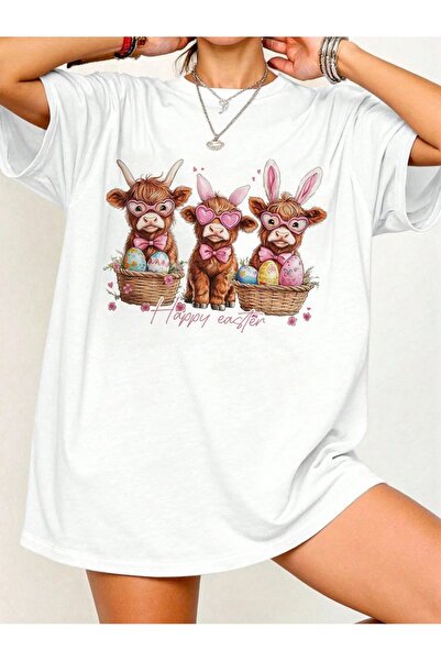 OVER HEAD Ženska bela srećna Uskrs Štampano Oversize kroj T-shirt