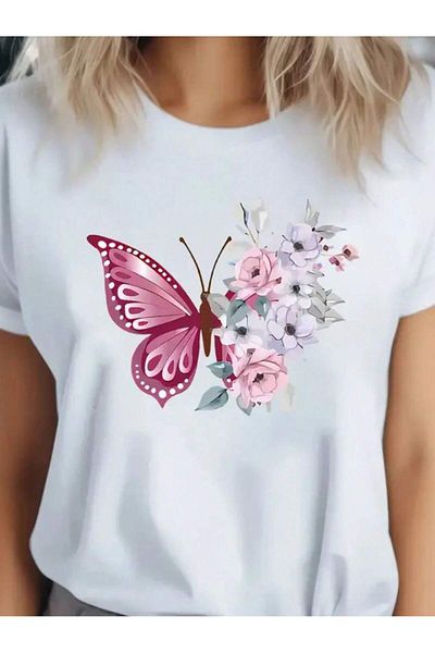 PENTHİLUS Soft Butterfly Print Comfortable Casual T-Shirt