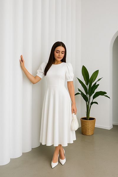 Deafox White Imported Crepe Fabric Watermelon Sleeve Back Zipper Midi Length Dress