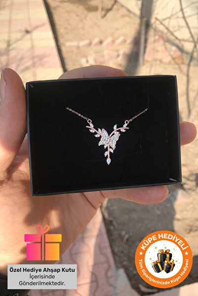Lucente Hediye Kutulu 925 Ayar Rose Gümüş Kaplama Daldaki Kelebek Kolye Beyaz Taşlı Kolye