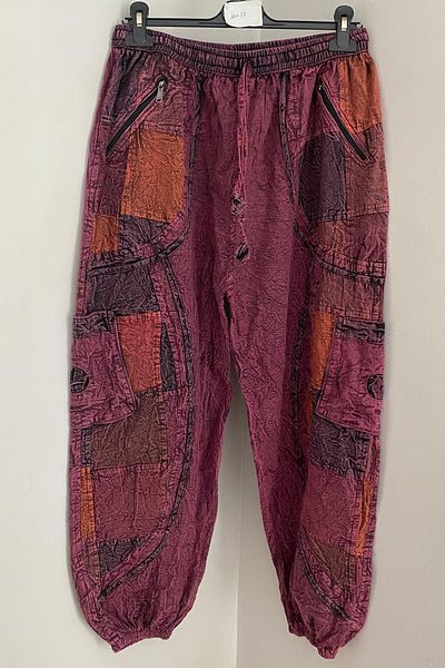 AYASOFYA OTANTIK Unisex Nepalese Burgundy Ethnic Loose Hippie Bohemian Trousers with Elastic Waist and Cuffs and Zipper Pockets