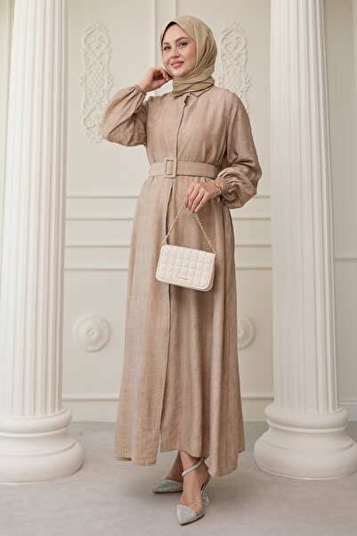 InStyle Gömlek Yaka Kemerli Düz Bej Elbise