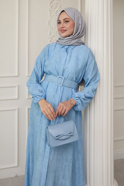 InStyle Πουκάμισο γιακά Ζώνη Απλό Baby Blue Φόρεμα