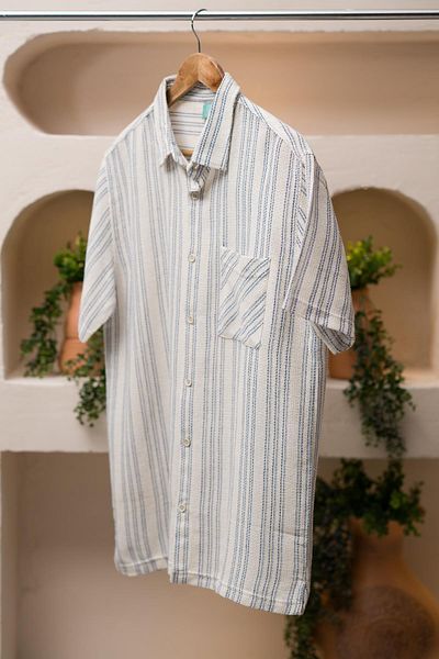 AKÇAYLAR Slimfit κοντομάνικο ριγέ καλοκαιρινό αθλητικό πουκάμισο με ψάθινη υφή με τσέπες