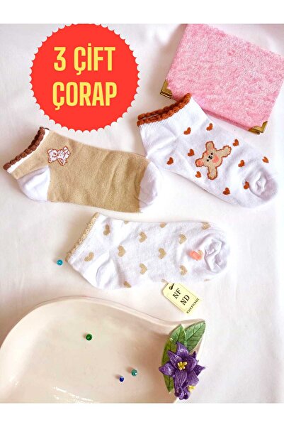 ENEFENDİ 3 Pairs Seamless Booties Socks Women's Cotton Short Booties Patterned Socks White Brown 36-40